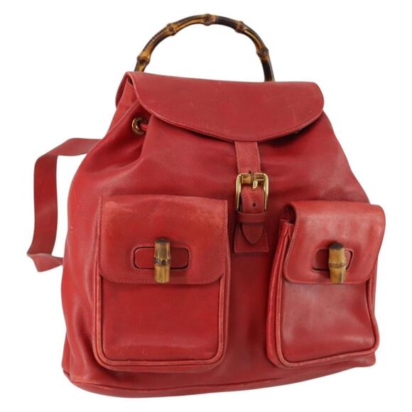 GUCCI Bamboo Backpack Leather Red Gold 003 2058 0016 Auth 156257 main image 8